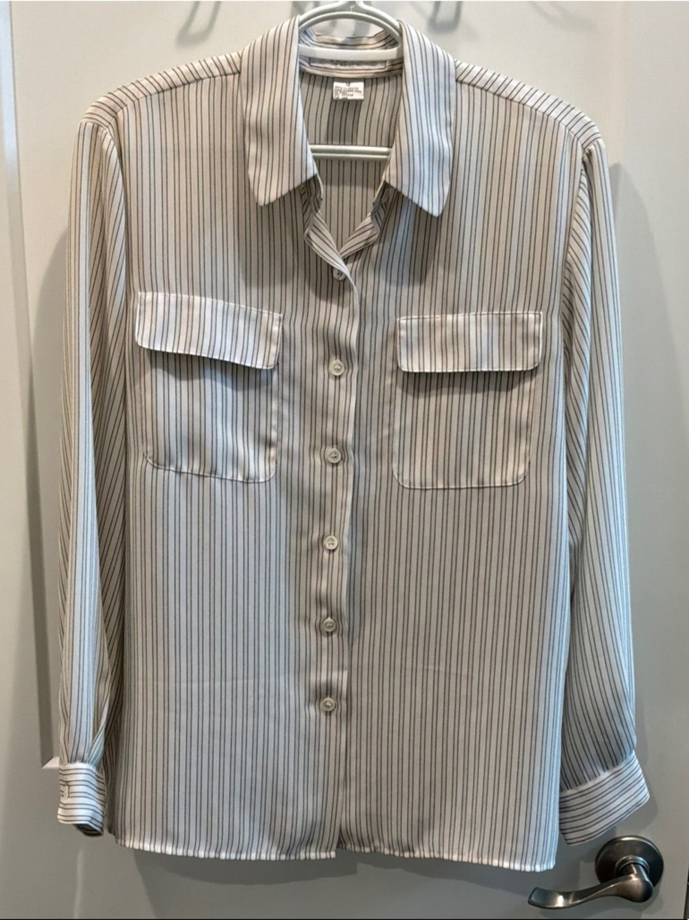 Chaus CHAUS Petite 12 Flaws Sheer Vertical Stripe ButtonDown Shirt Cream Gray